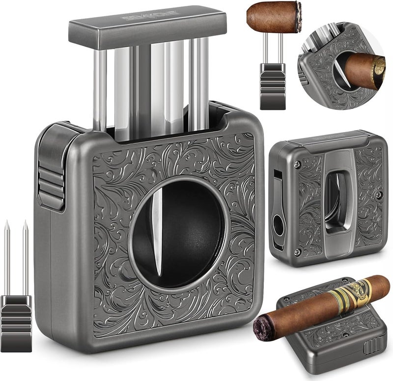 SEMKONT Cigar Cutter,Portable Multifunction V Cut Cigar Cutter, 4 in 1 Stainless Steel Guillotine with Cigar Punch,Cigar Holder and Twin Nubber,Suitable for Max 60 Ring Gauge Cigars (Gray) - Image 1